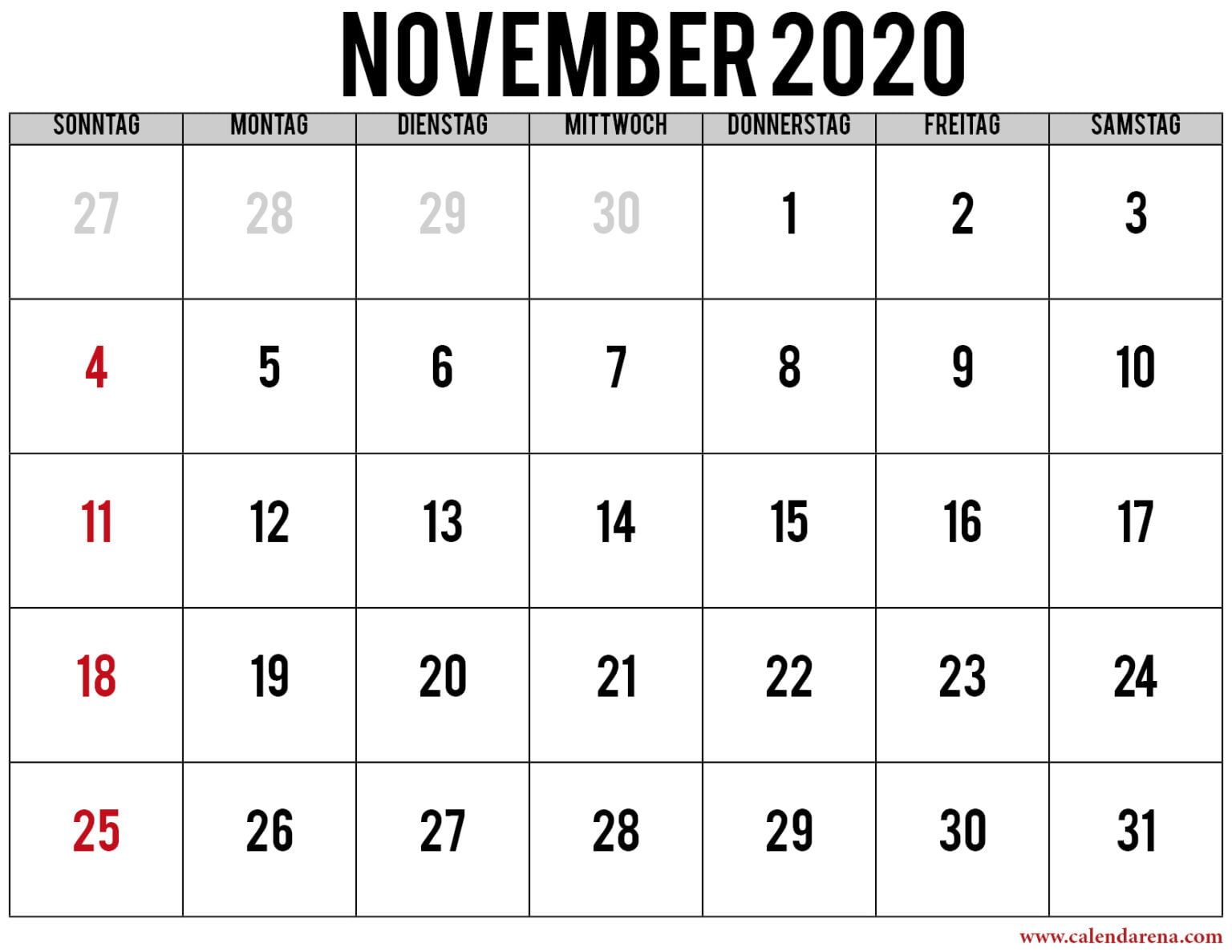 Kalender November 2020 Kostenloser Download