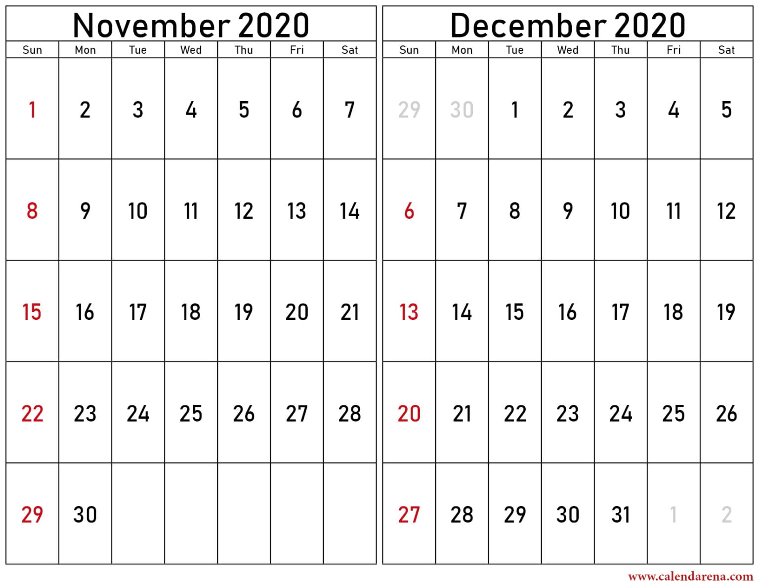 November And December 2020 Calendar