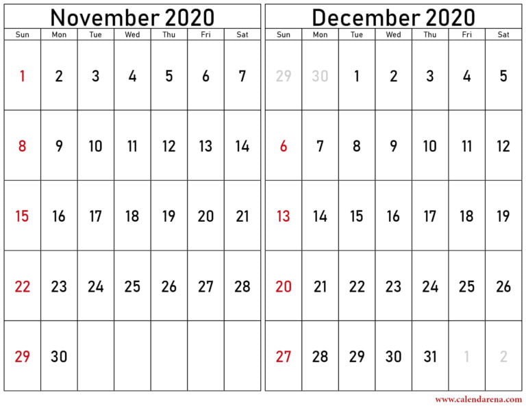 November And December 2020 Calendar