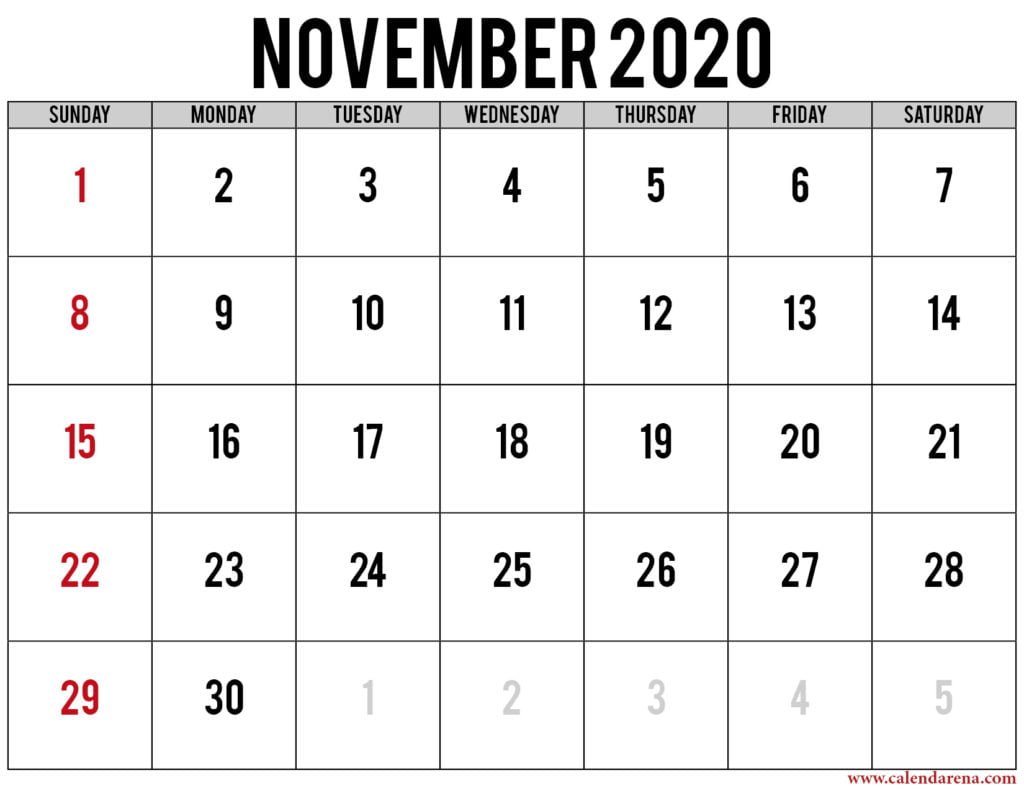 november calendar 2020