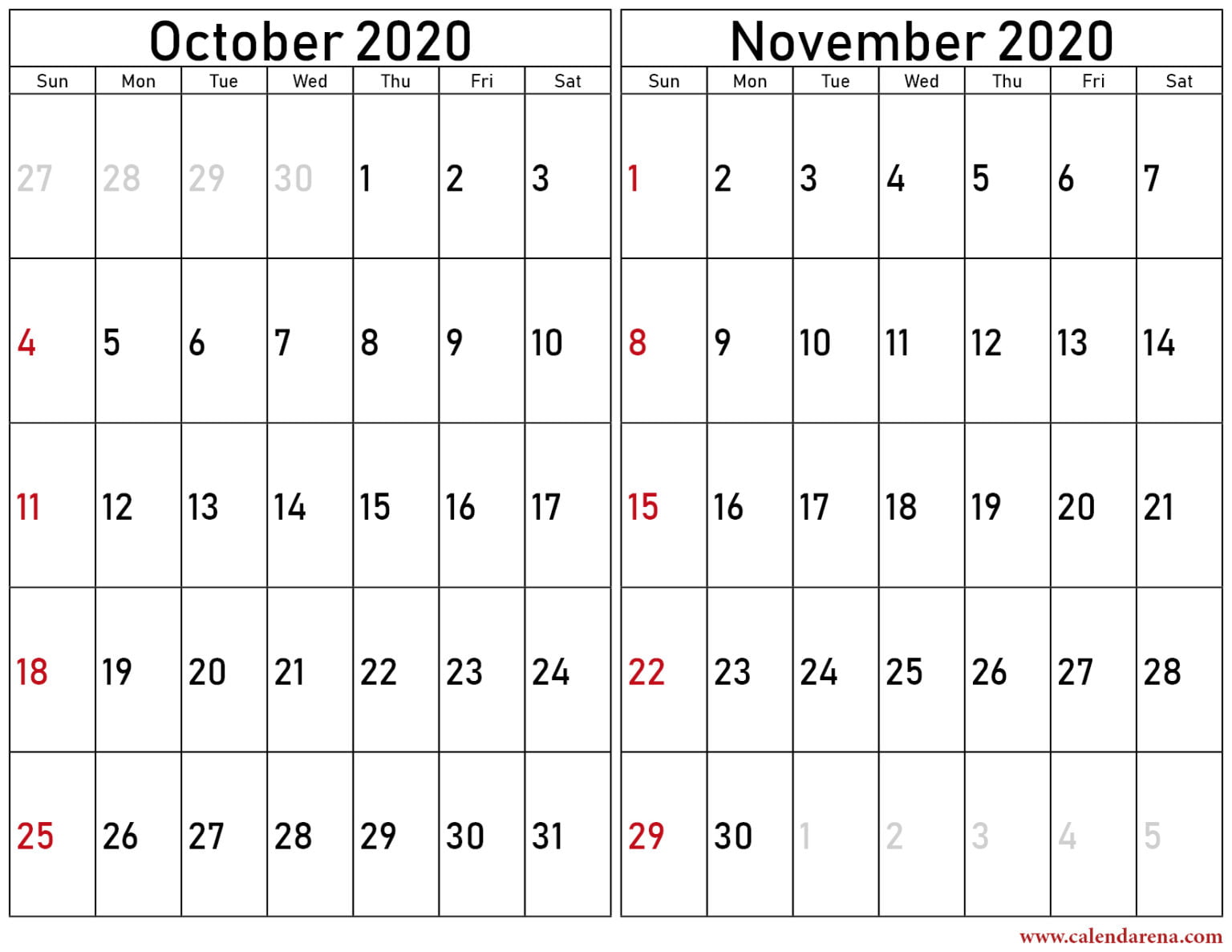 October And November 2020 Calendar - Free
