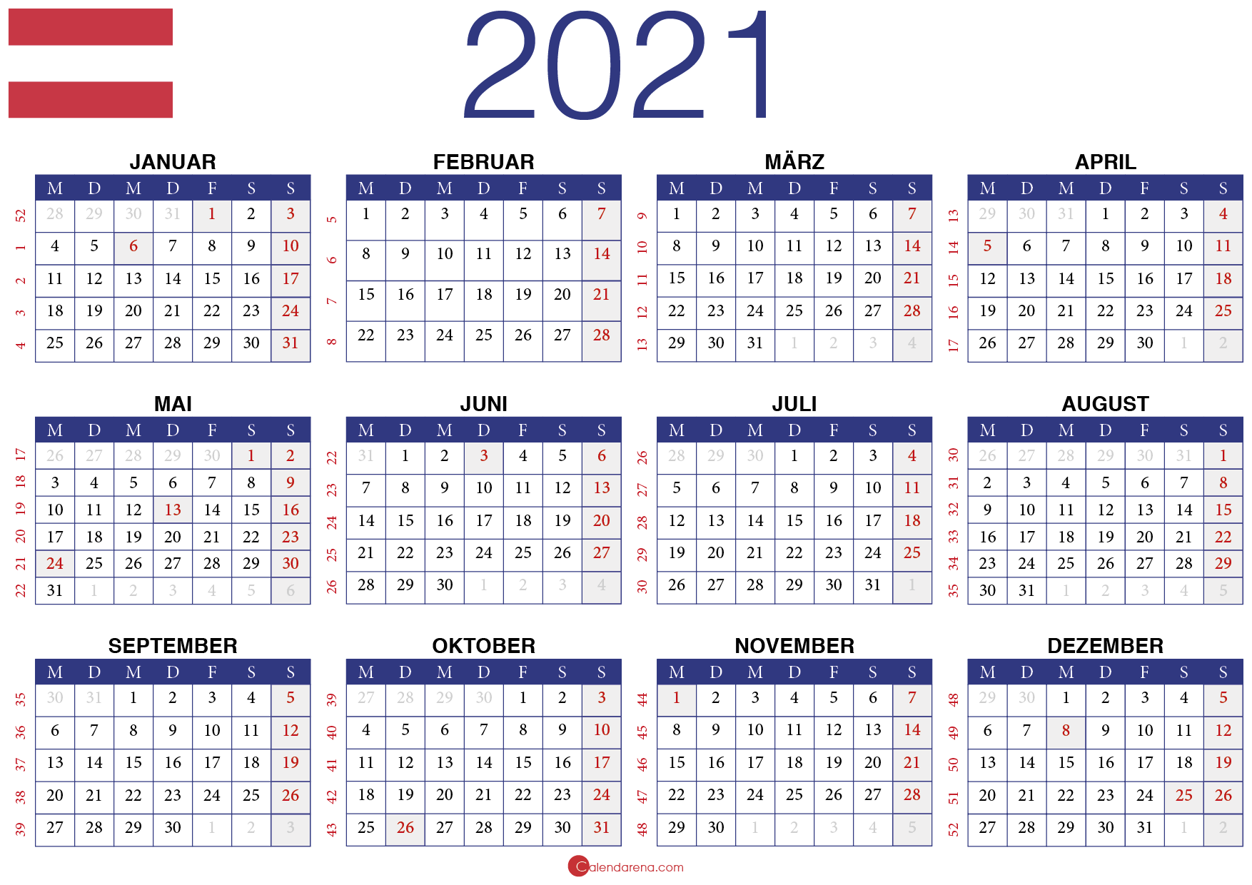 Jahreskalender 2021 Schweiz 🇨🇭