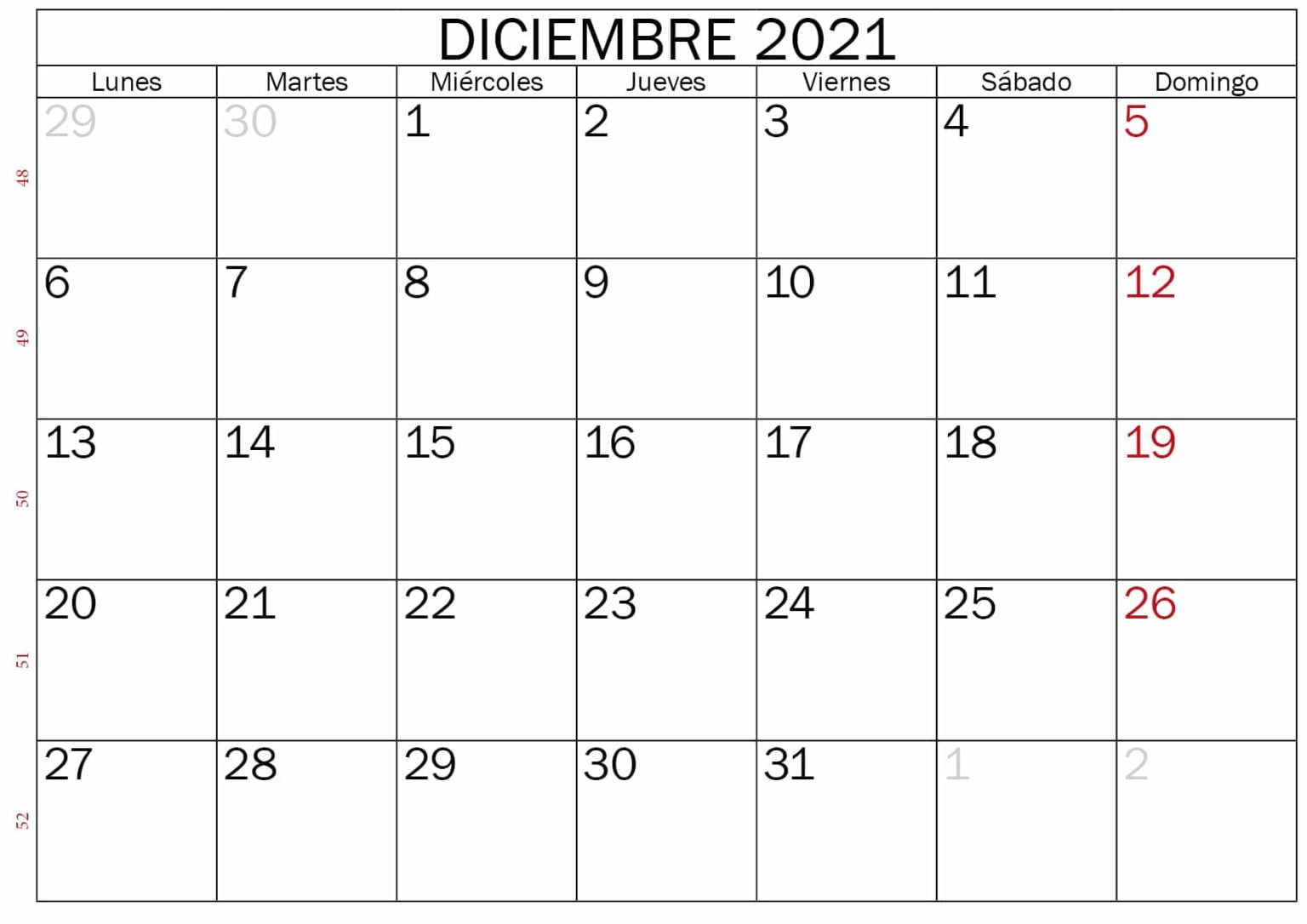 imprimir calendario diciembre 2021