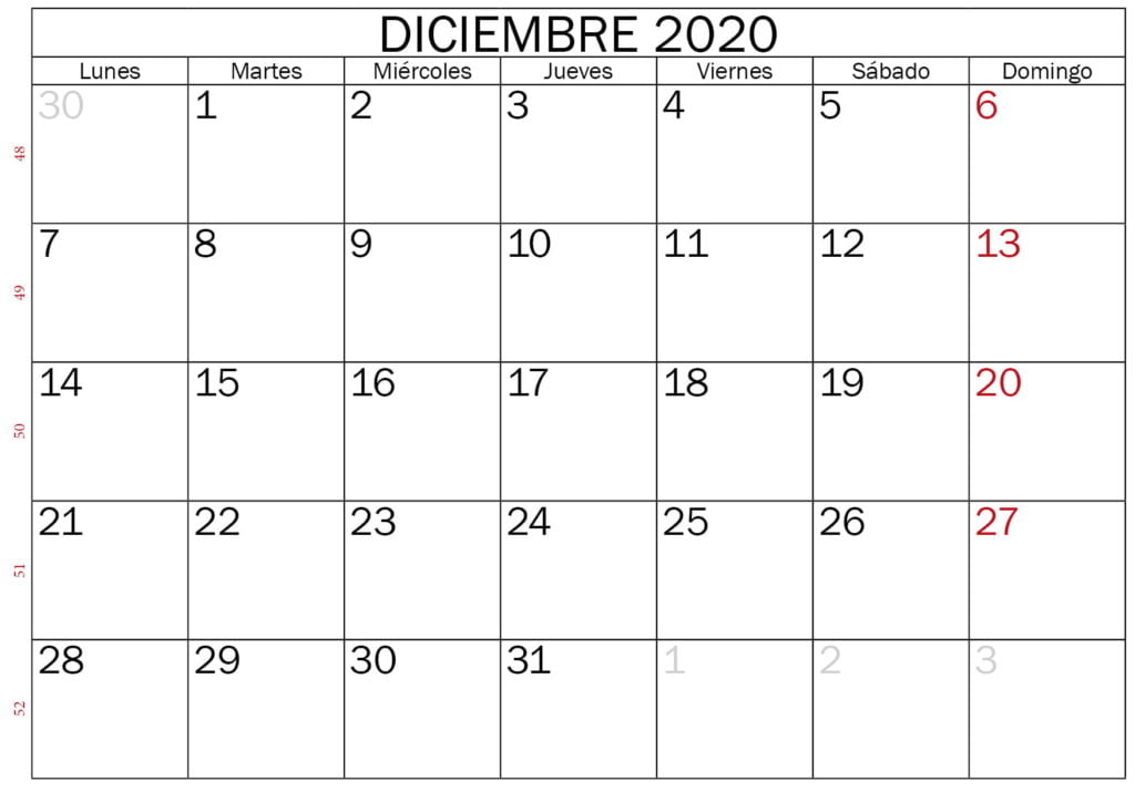 calendario en blanco para imprimir diciembre 2020