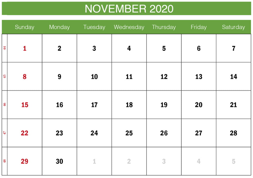 green november 2020 calendar