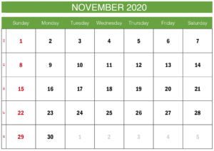 green november 2020 calendar
