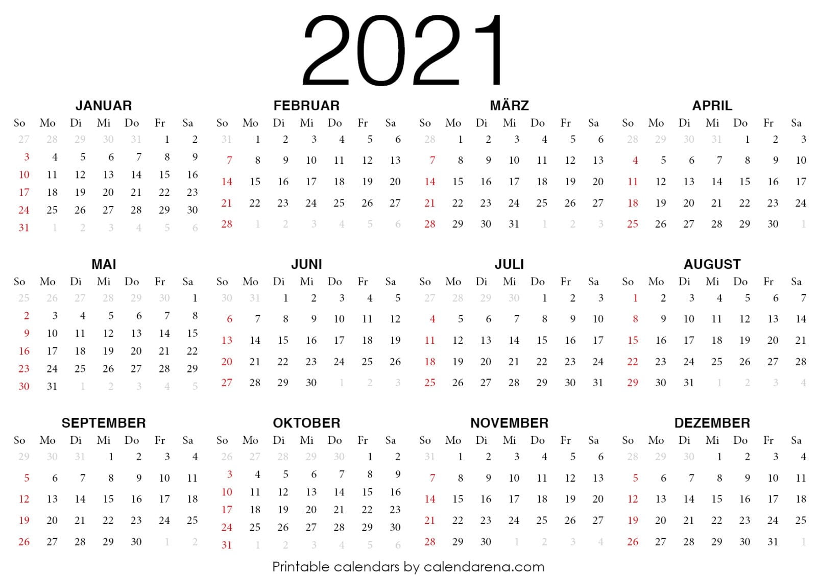 2021 Kalender Zum Ausdrucken - Calendarena