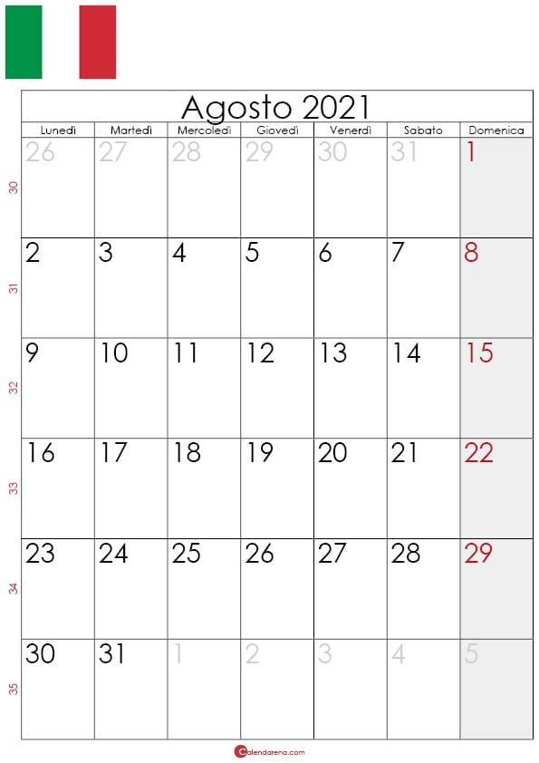 Calendario agosto 2021 da stampare