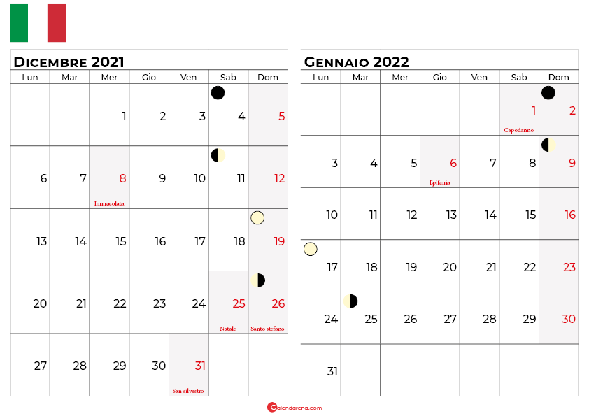Calendario di dicembre 2021 gennaio 2022