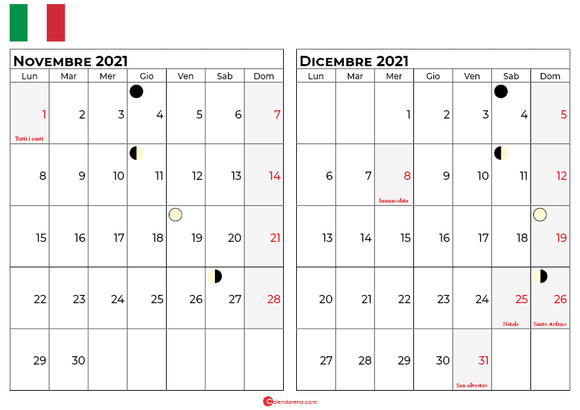 Calendario di novembre dicembre 2021