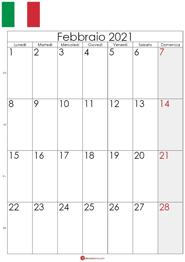 Calendario febbraio 2021 da stampare