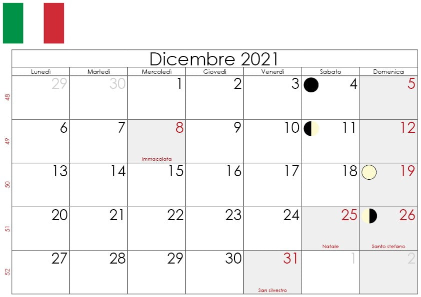 Calendario lunare Dicembre 2021
