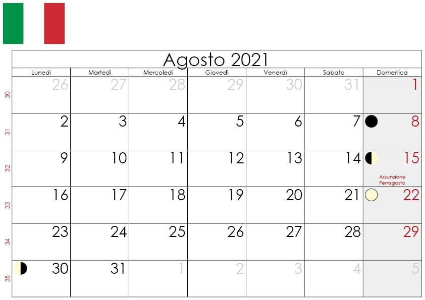Calendario lunare agosto 2021