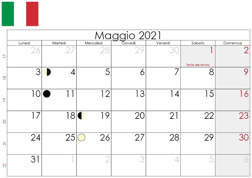 Calendario lunare maggio 2021