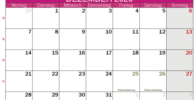 Kalender Dezember 2020 im Querformat rosa