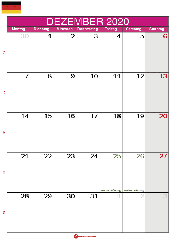 Kalender Dezember 2020 im hochformat rosa