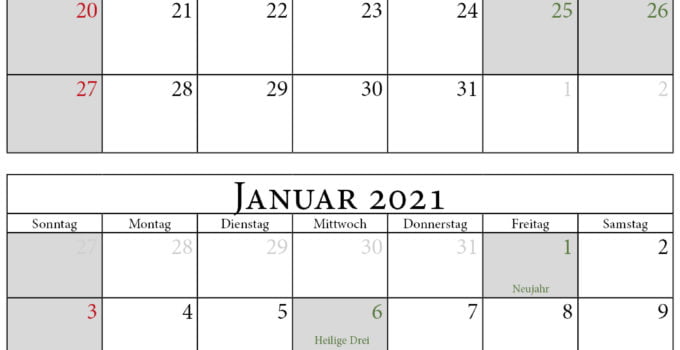 Kalender dezember 2020 januar 2021 hochformat
