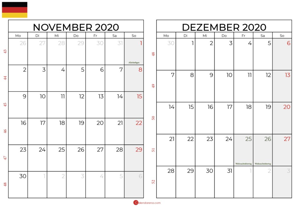 Kalender november dezember 2020 querformat