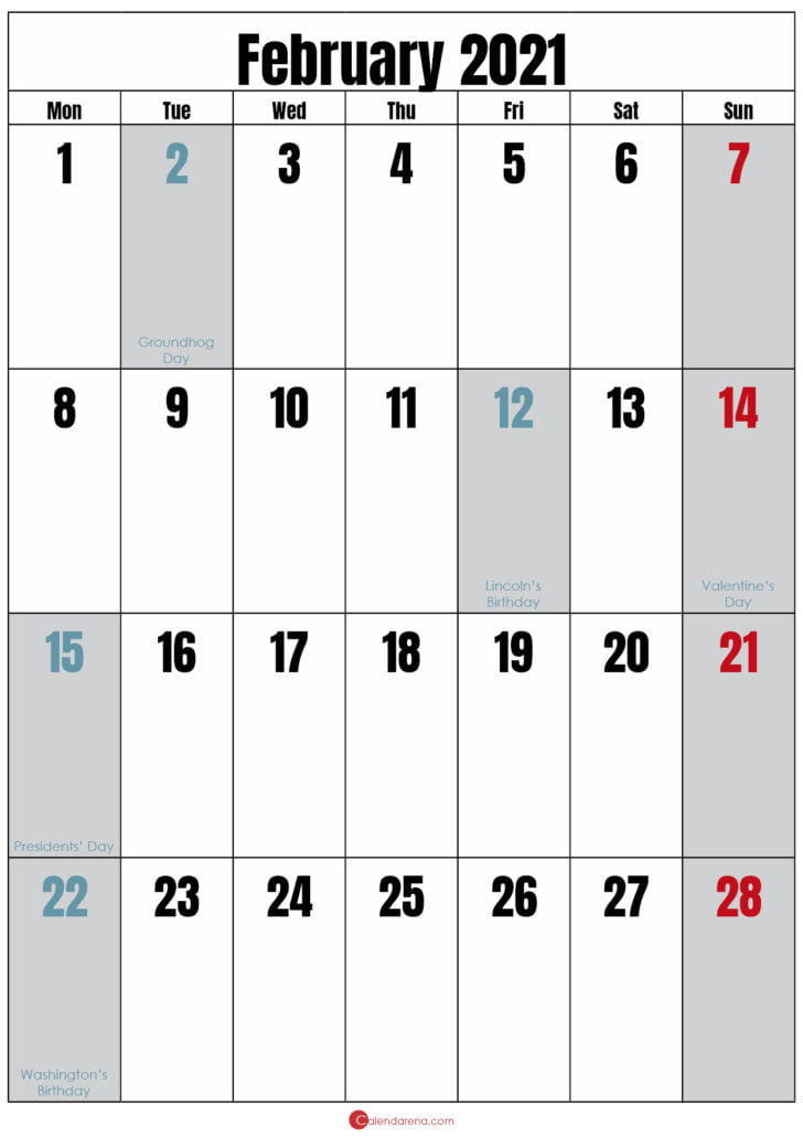 blank calendar february 2021
