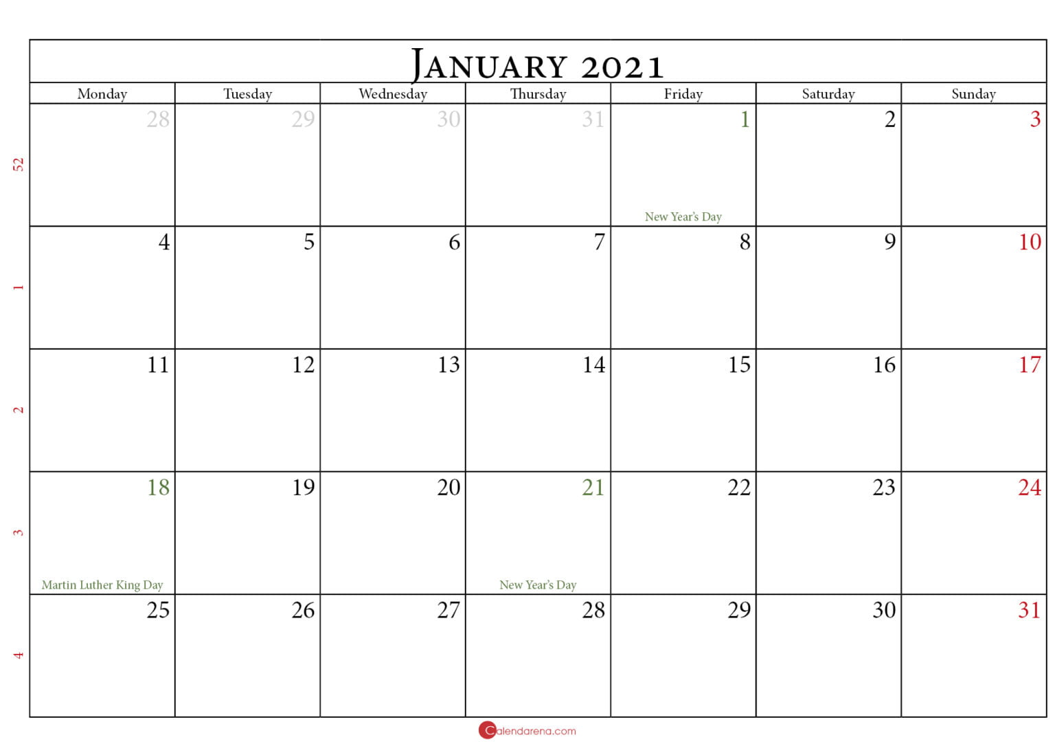 Download Blank Free 🇺🇸 January 2021 Calendar Printable Cute