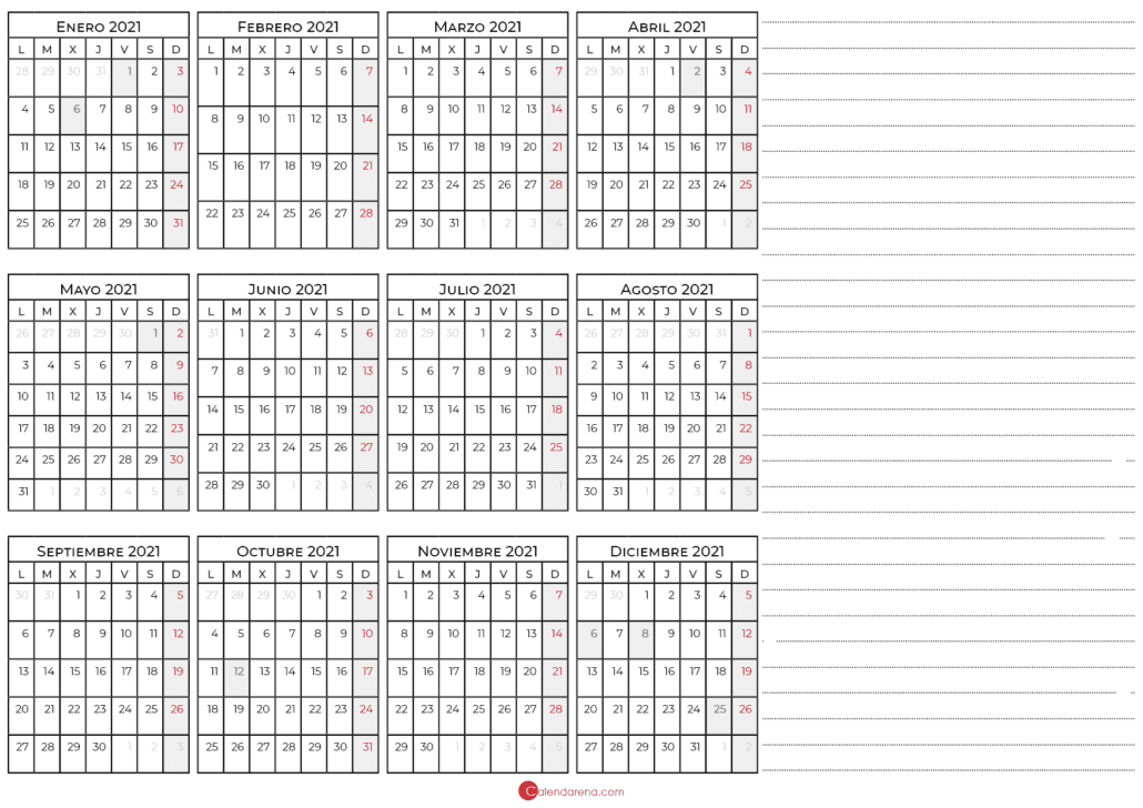 Calendario 2021 Con Notas