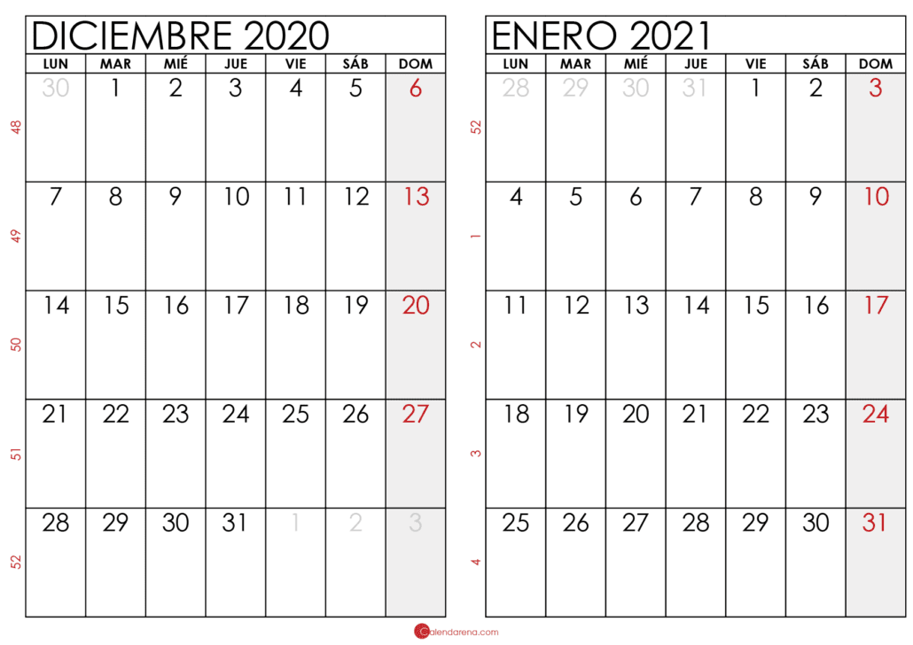 calendario diciembre 2020 enero 2021