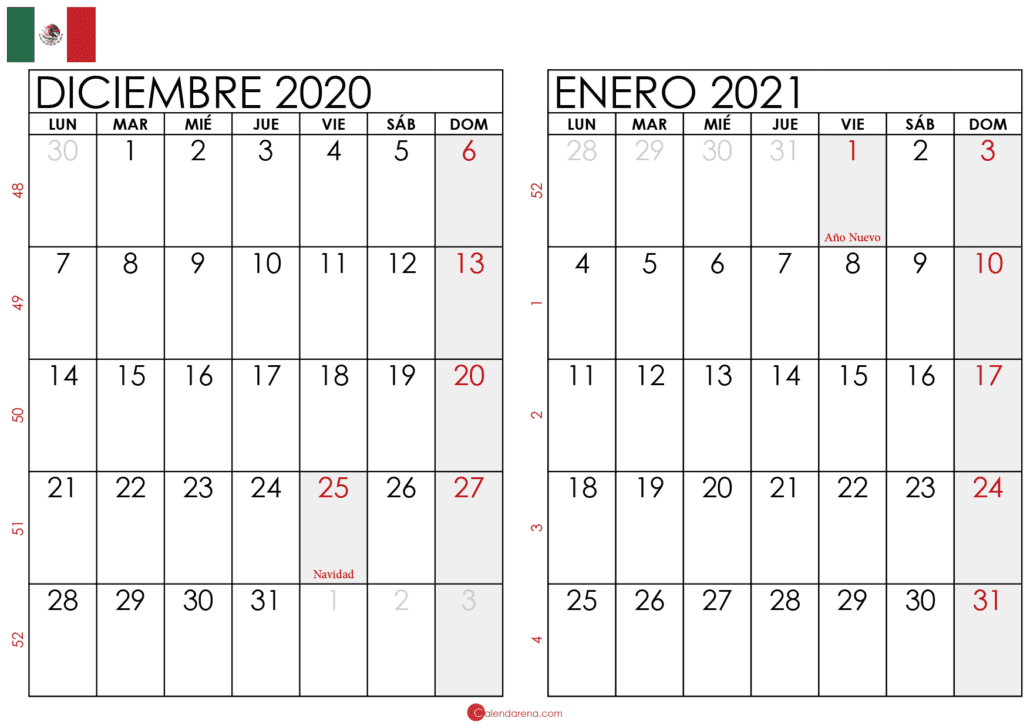 calendario diciembre 2020 enero 2021 México
