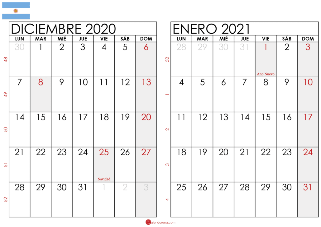calendario diciembre 2020 enero 2021 argentina