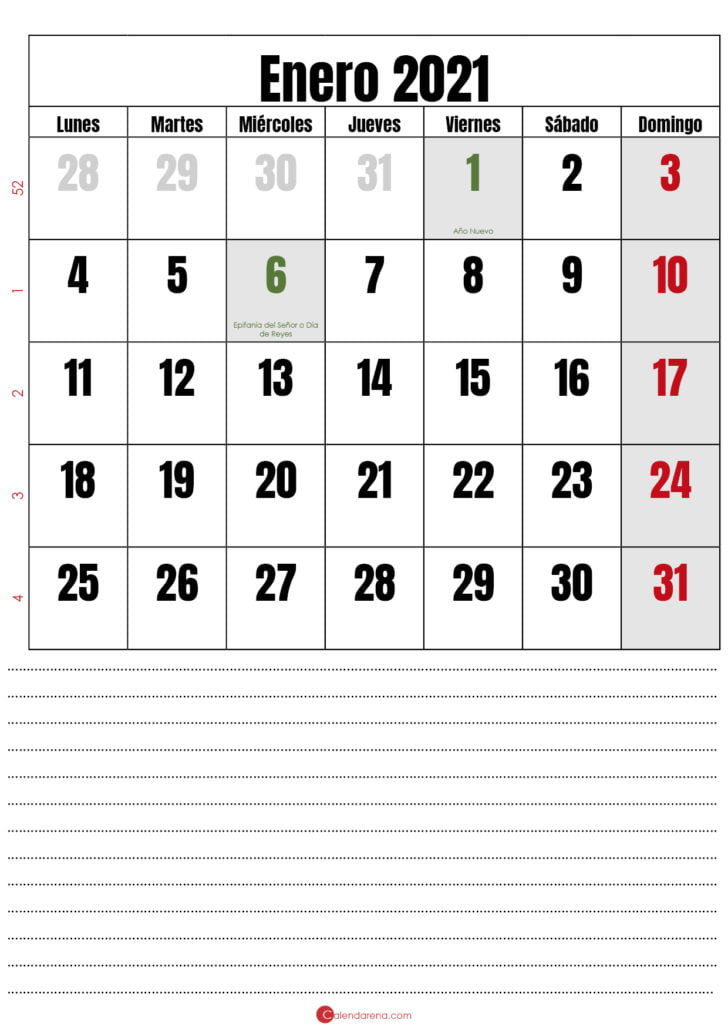 calendario enero 2021 con notas