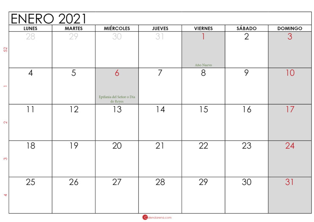 calendario enero 2021 para imprimir