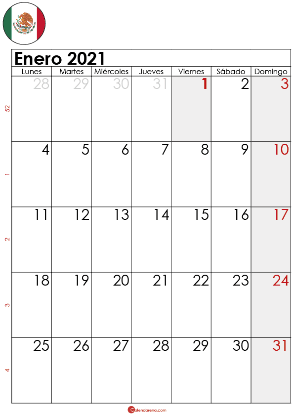 calendario enero 2021 para imprimir MX