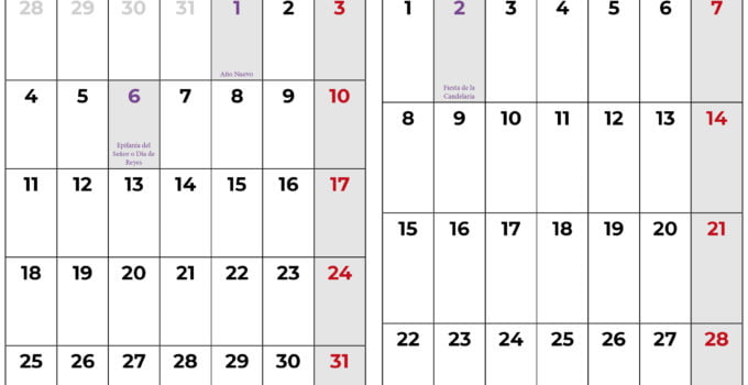 calendario enero y febrero 2021