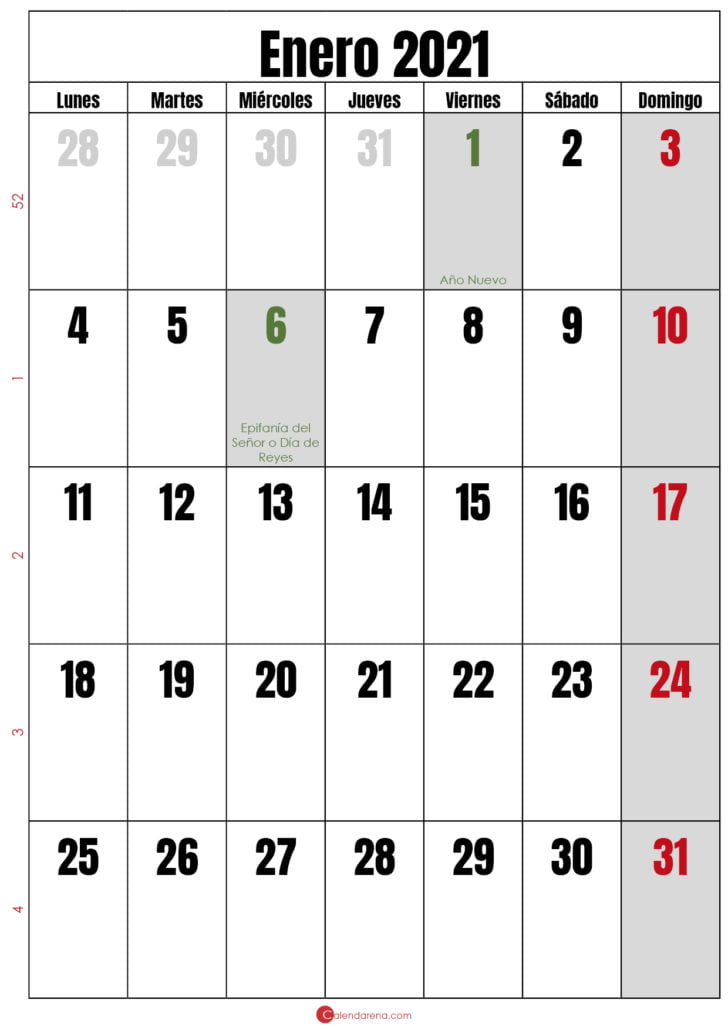 calendario semanal enero 2020