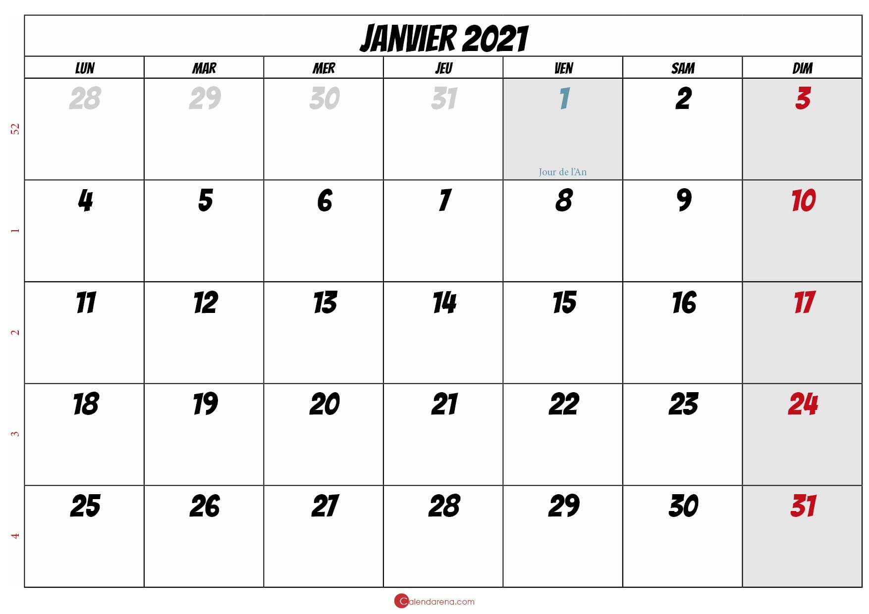 calendrier de janvier 2021