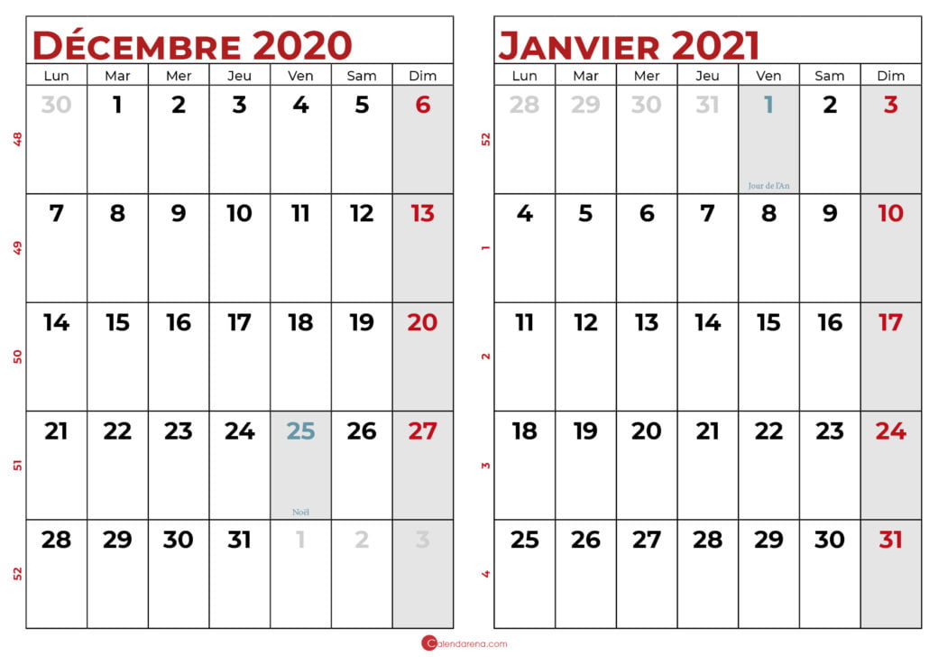 calendrier decembre 2020 janvier 2021