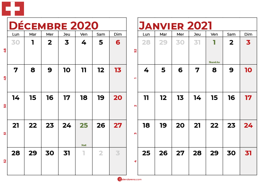 calendrier decembre 2020 janvier 2021 ch