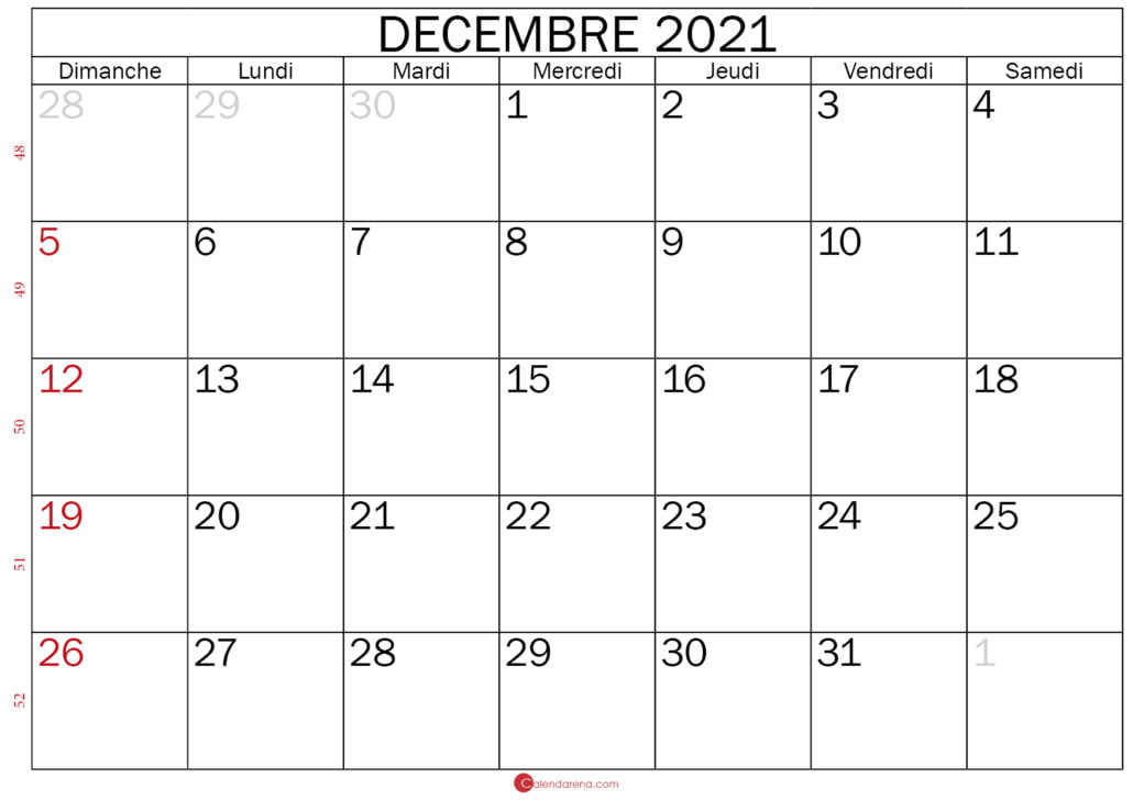 calendrier decembre 2021