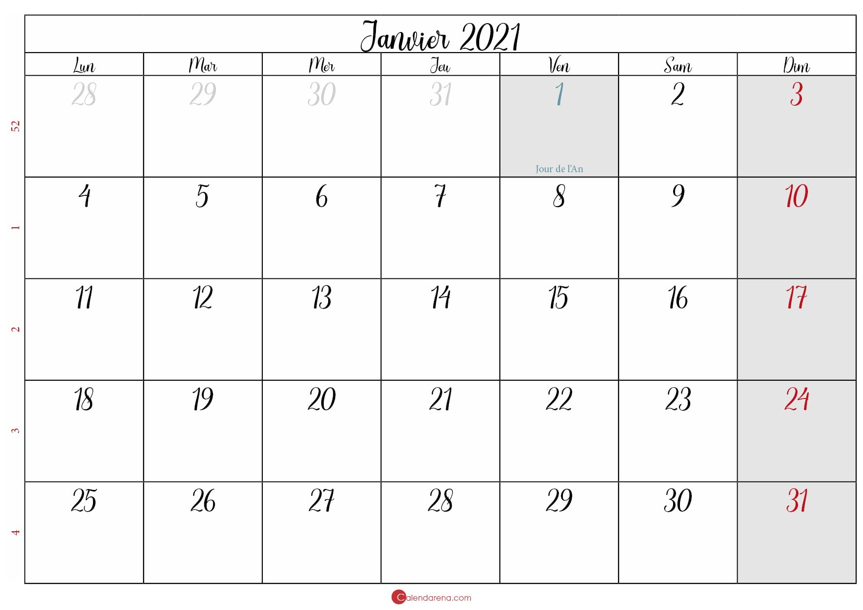 calendrier janvier 2020 à imprimer gratuit