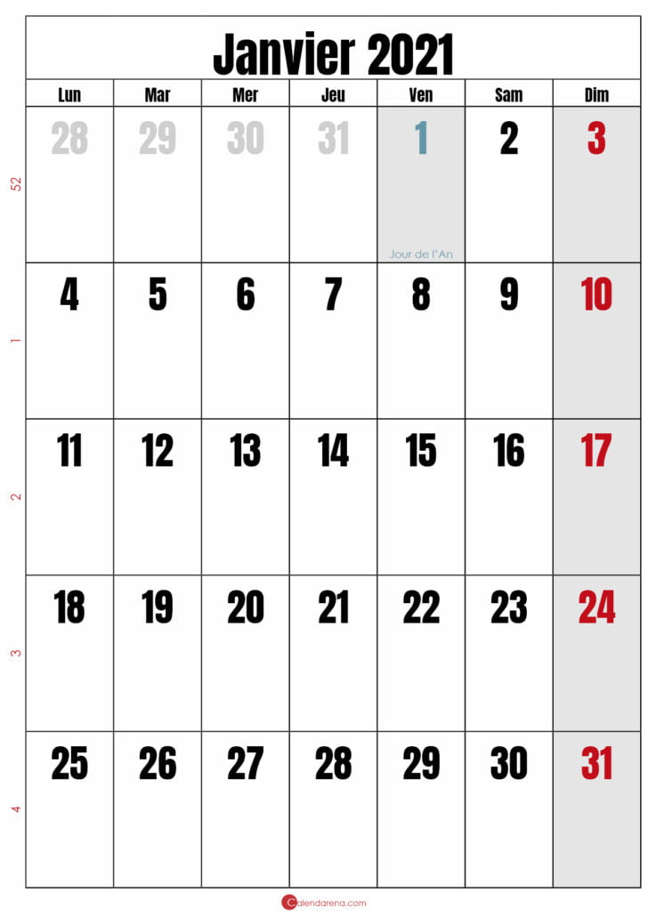 calendrier janvier 2020 avec semaine