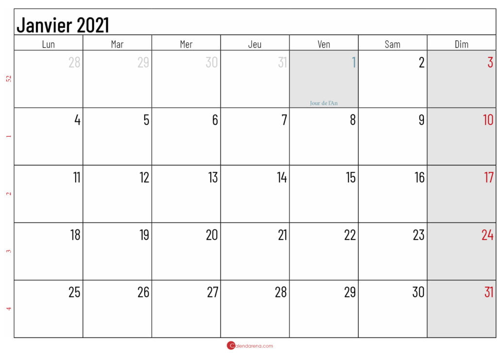 calendrier janvier 2021