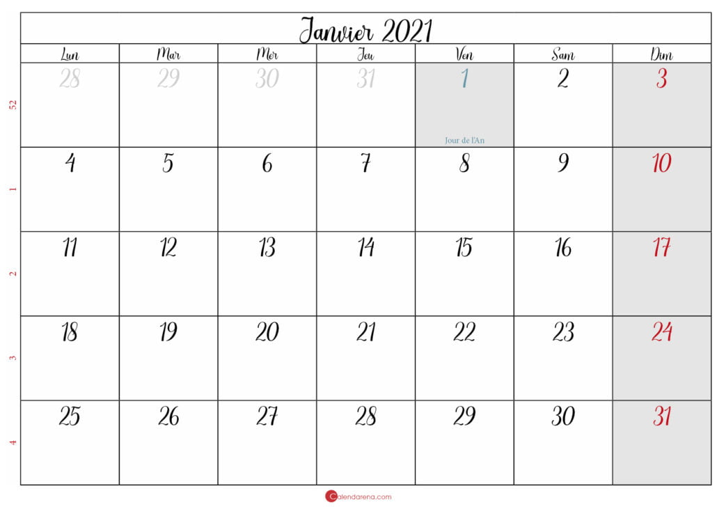 calendrier janvier 2021 à imprimer gratuit