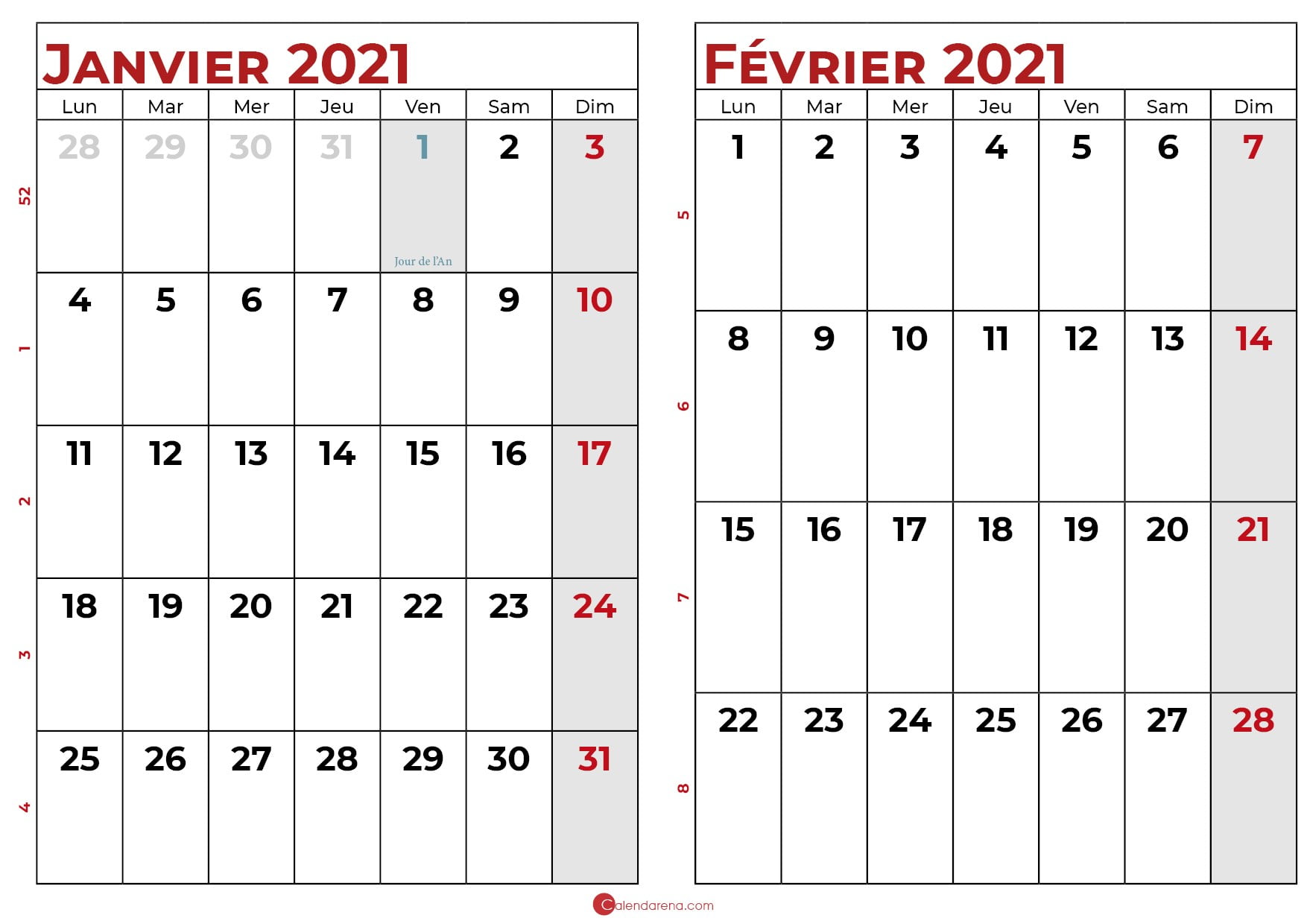 calendrier janvier fevrier 2021