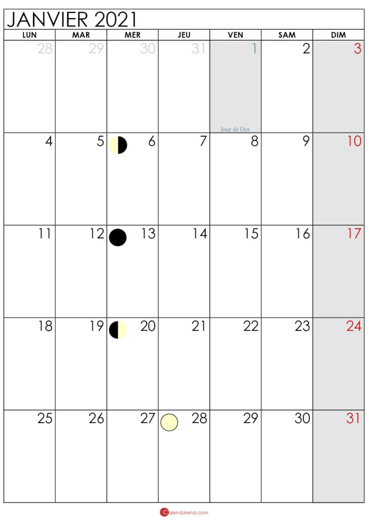 calendrier lunaire janvier 2021