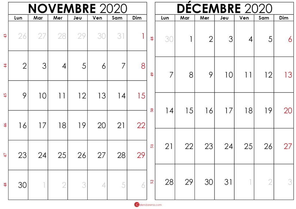 calendrier novembre et decembre 2020
