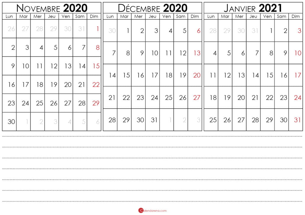 calendrier decembre 2020 et janvier 2021 à imprimer
