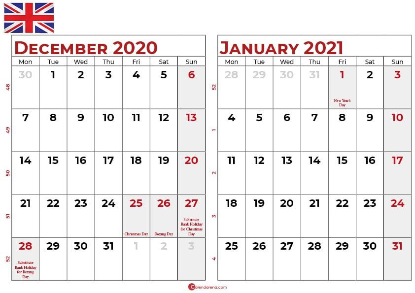 december 2020 january 2021 calendar UK