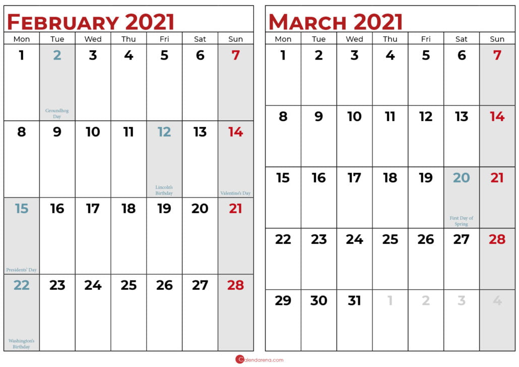 february march 2021 calendar