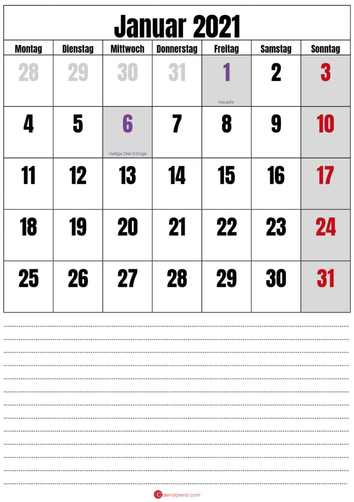 januar 2021 kalender mit notizen