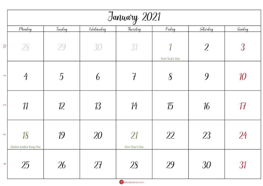 january 2021 calendar printable