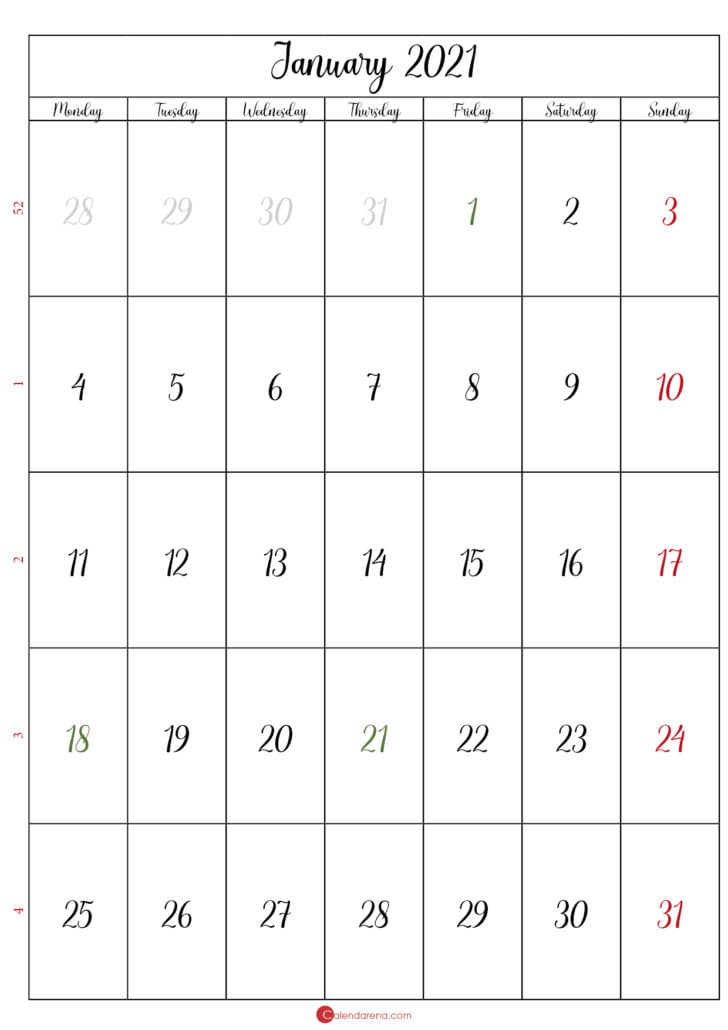 january 2021 printable calendar